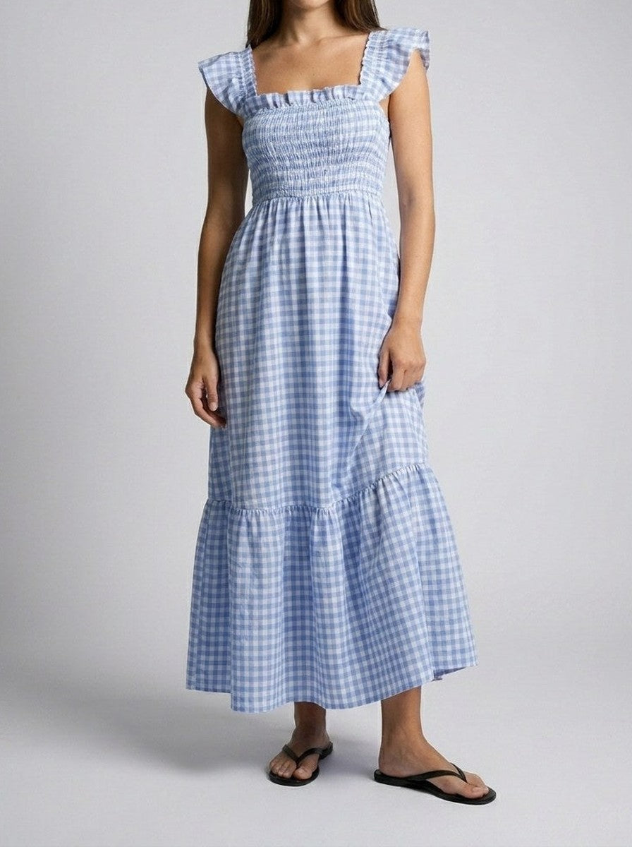 Women's Elegant Gingham Tiered Occasion Maxi Dress with Square Neck