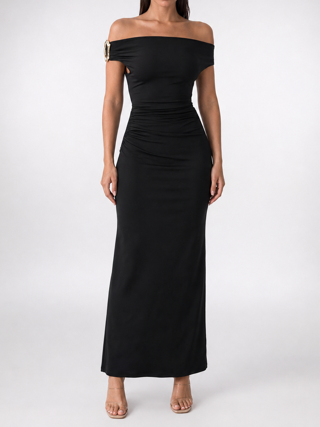 Women's Elegant Off-Shoulder Ruched Wedding Guest Maxi Dress