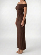 Women's Elegant Off-Shoulder Ruched Wedding Guest Maxi Dress
