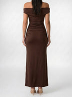 Women's Elegant Off-Shoulder Ruched Wedding Guest Maxi Dress