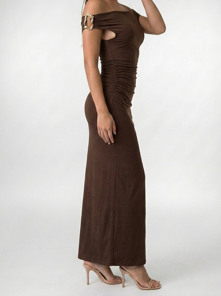 Women's Elegant Off-Shoulder Ruched Wedding Guest Maxi Dress