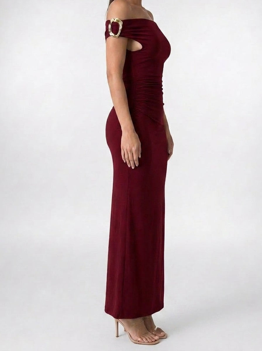 Women's Elegant Off-Shoulder Ruched Wedding Guest Maxi Dress