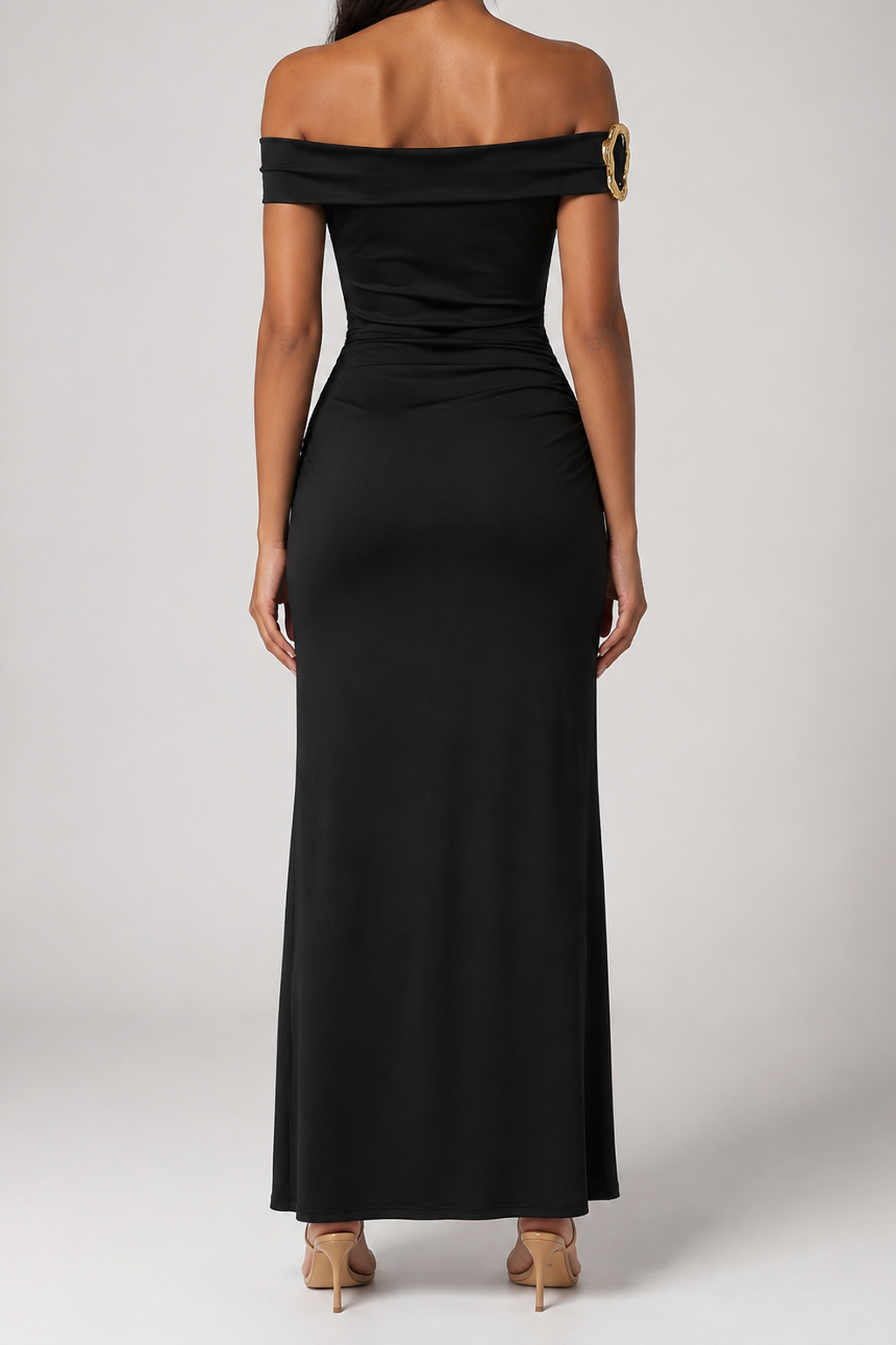 Women's Elegant Off-Shoulder Ruched Wedding Guest Maxi Dress