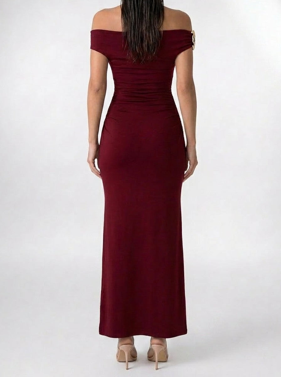 Women's Elegant Off-Shoulder Ruched Wedding Guest Maxi Dress