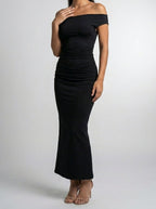 Women's Elegant Off-Shoulder Ruched Wedding Guest Maxi Dress