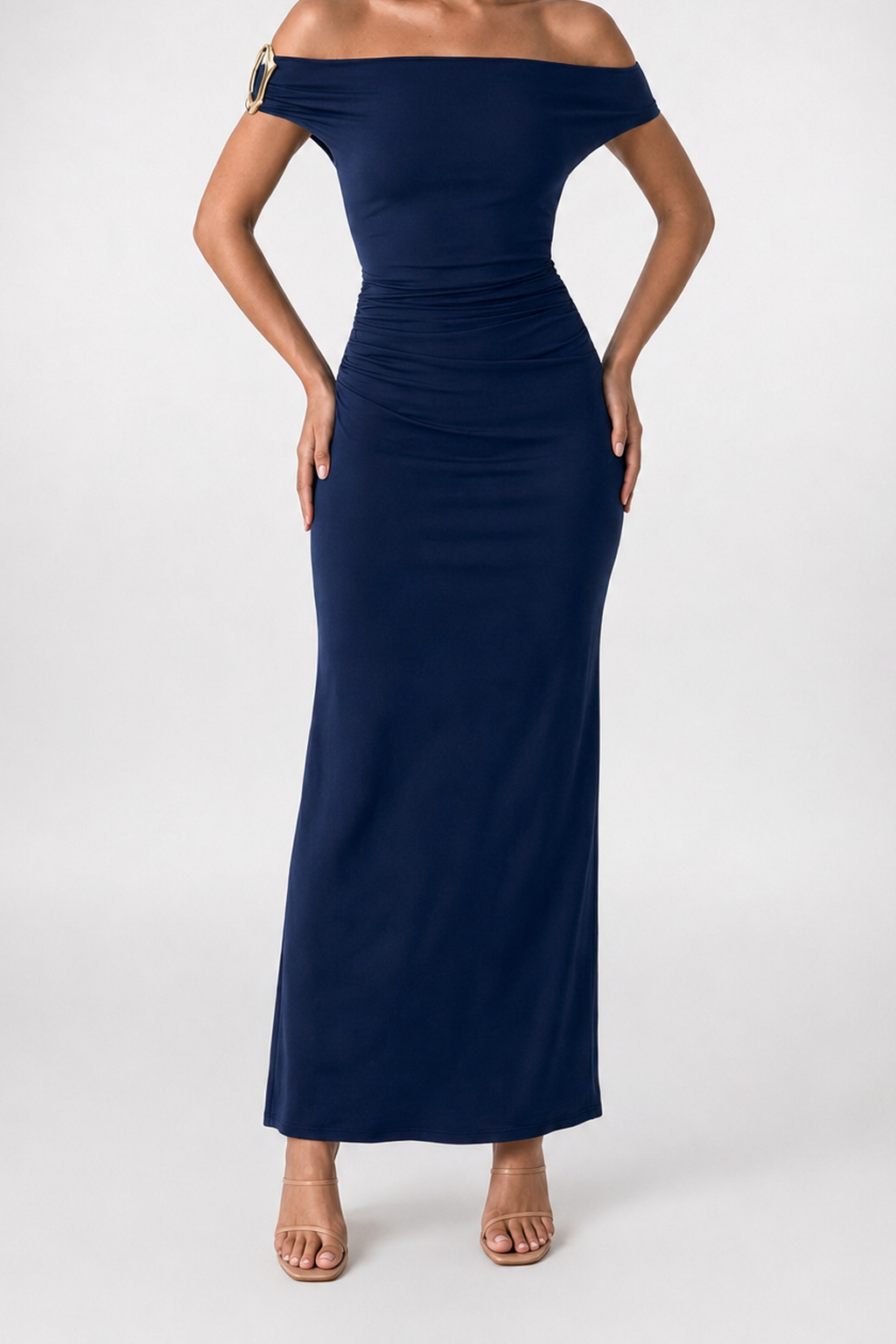 Women's Elegant Off-Shoulder Ruched Wedding Guest Maxi Dress