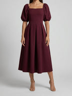 Women's Elegant Pleated Wedding Guest Midi Dress with Puff Sleeve