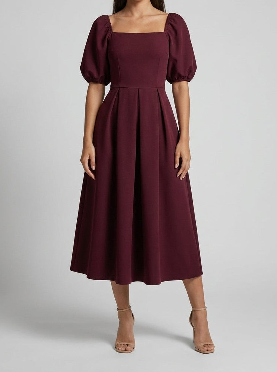 Women's Elegant Pleated Wedding Guest Midi Dress with Puff Sleeve