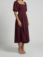Women's Elegant Pleated Wedding Guest Midi Dress with Puff Sleeve
