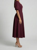 Women's Elegant Pleated Wedding Guest Midi Dress with Puff Sleeve