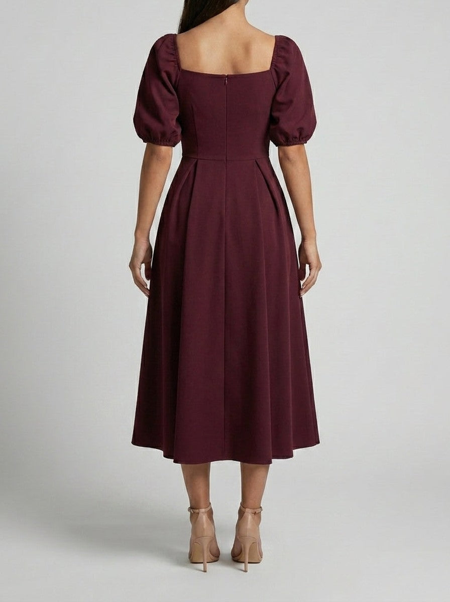 Women's Elegant Pleated Wedding Guest Midi Dress with Puff Sleeve