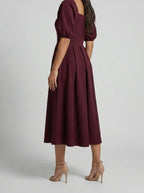 Women's Elegant Pleated Wedding Guest Midi Dress with Puff Sleeve