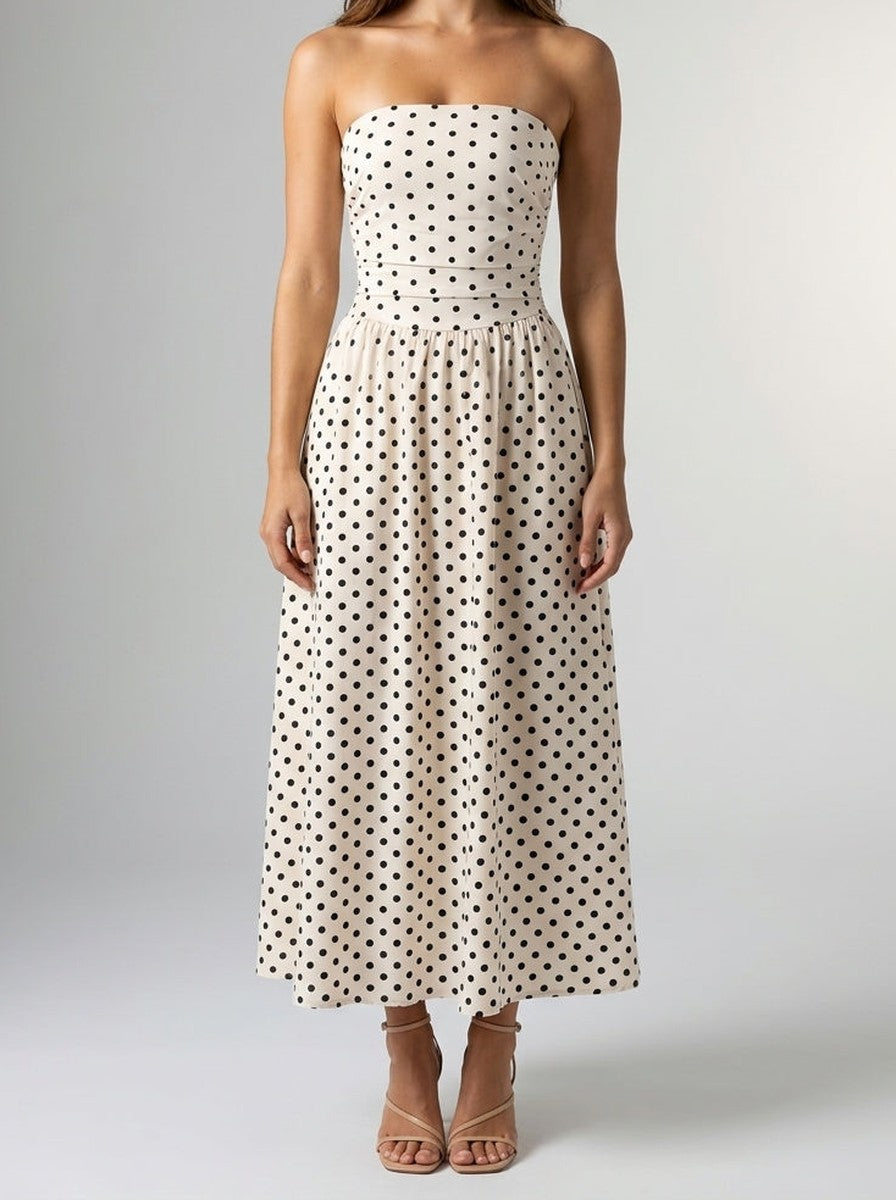 Women's Elegant Polka Dot Strapless A-Line Wedding Guest Maxi Dress