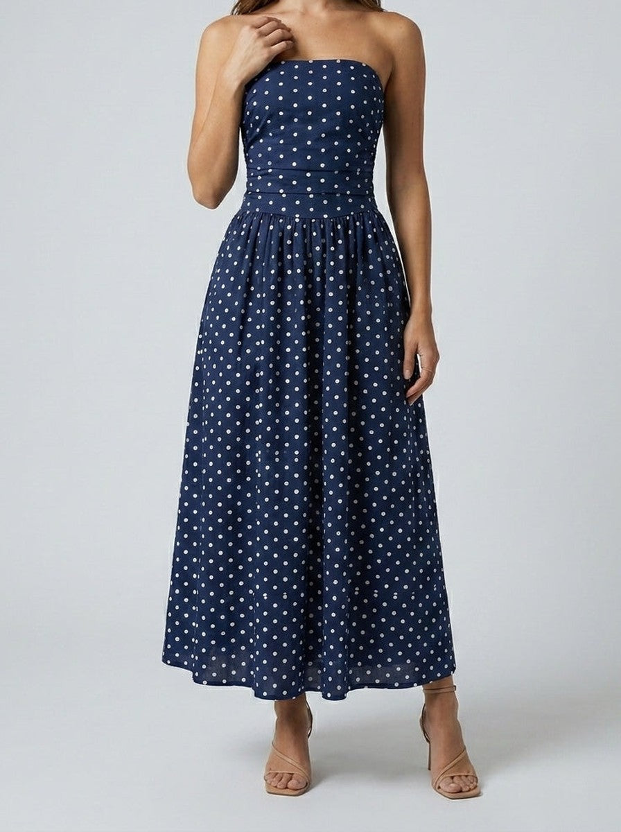 Women's Elegant Polka Dot Strapless A-Line Wedding Guest Maxi Dress
