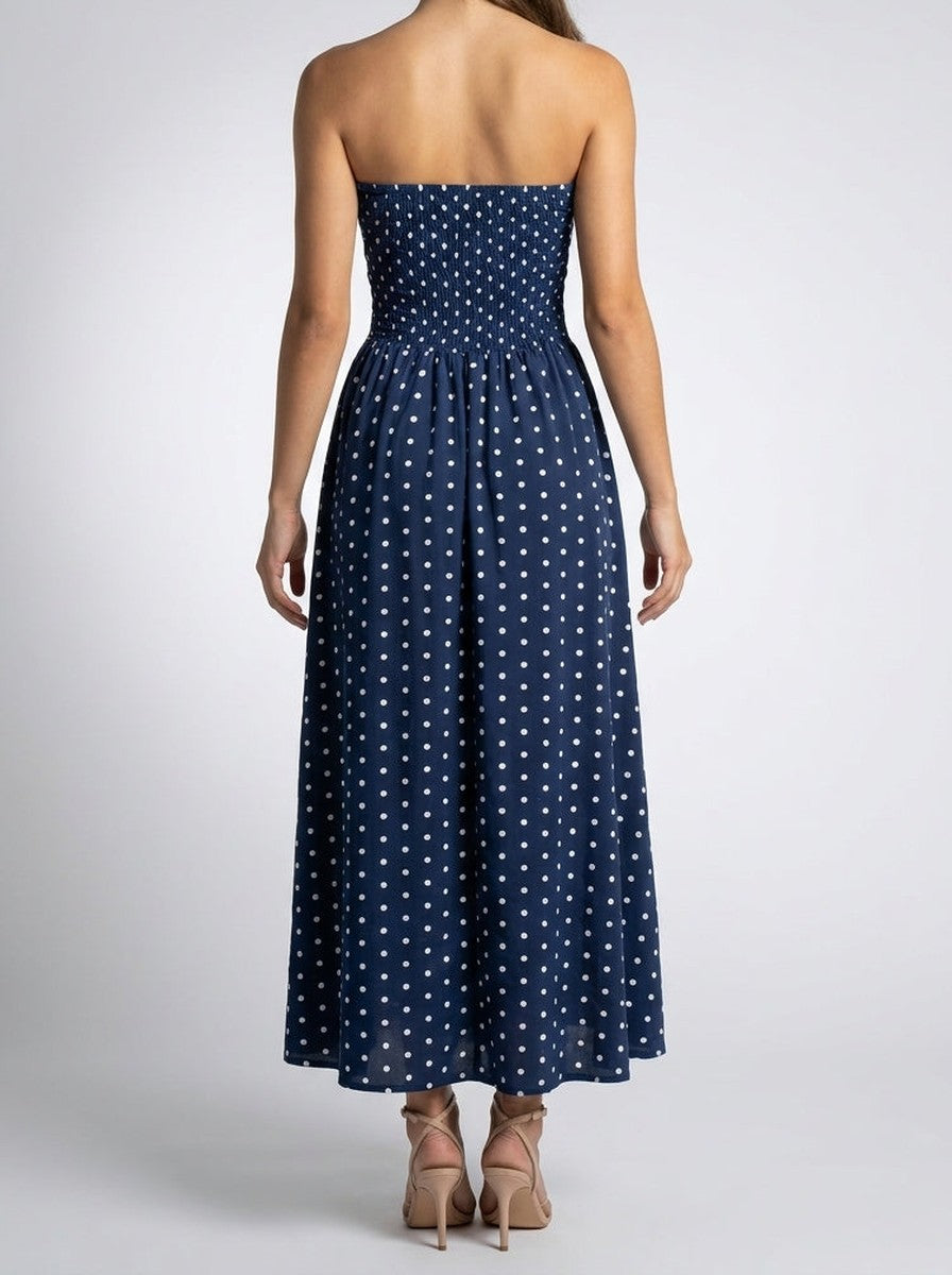 Women's Elegant Polka Dot Strapless A-Line Wedding Guest Maxi Dress