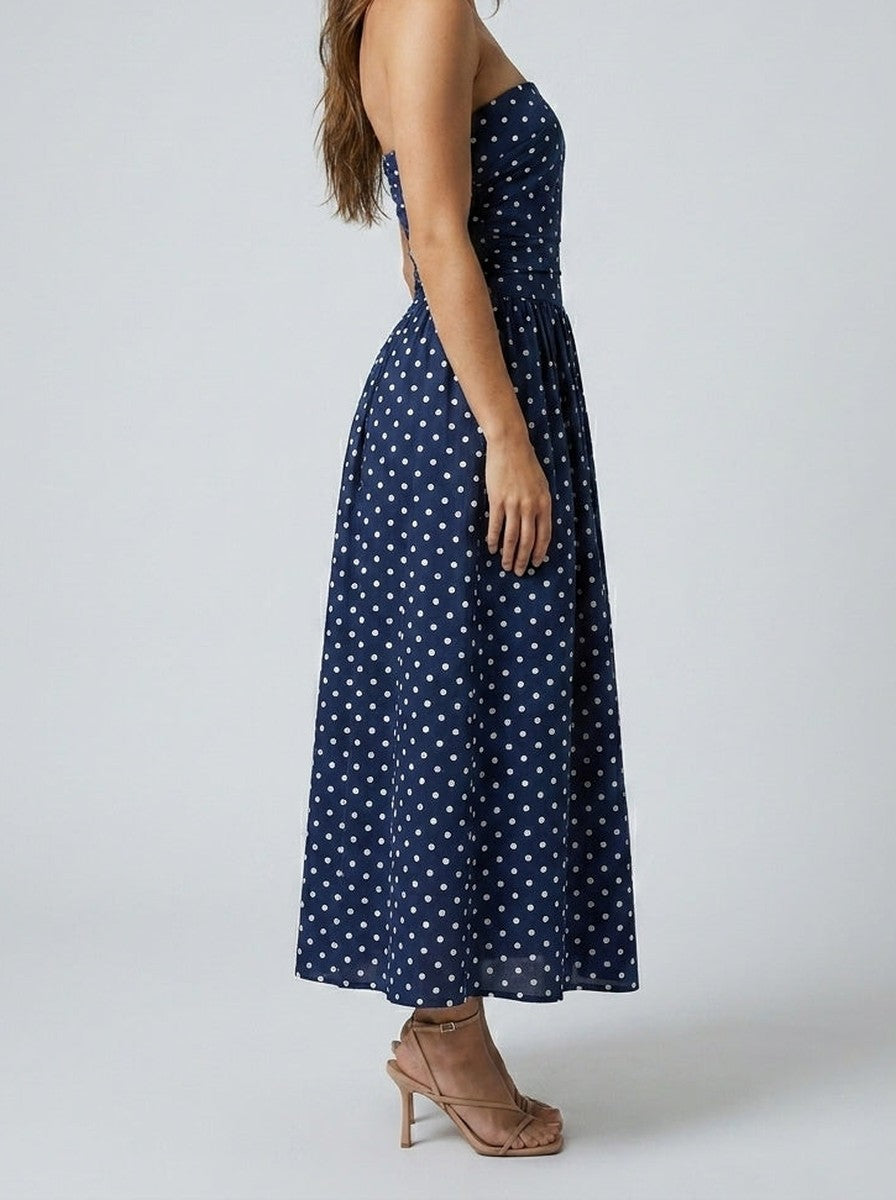 Women's Elegant Polka Dot Strapless A-Line Wedding Guest Maxi Dress
