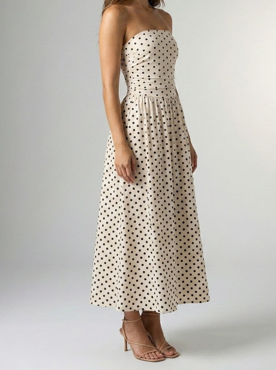 Women's Elegant Polka Dot Strapless A-Line Wedding Guest Maxi Dress