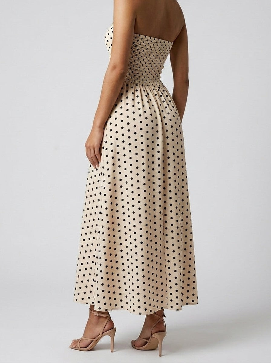 Women's Elegant Polka Dot Strapless A-Line Wedding Guest Maxi Dress