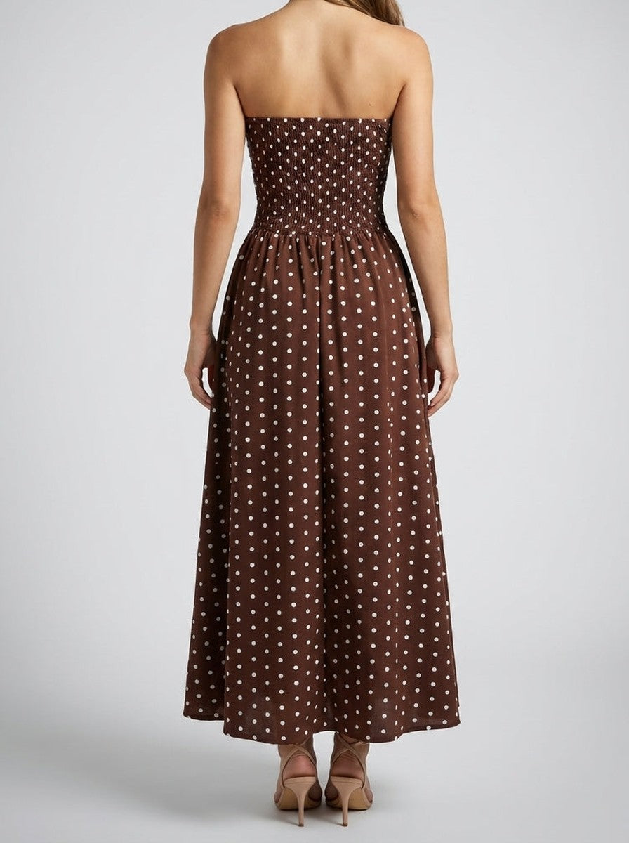 Women's Elegant Polka Dot Strapless A-Line Wedding Guest Maxi Dress