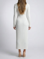 Women's Elegant Ribbed Long Sleeve Wedding Guest Maxi Dress with Round Neck