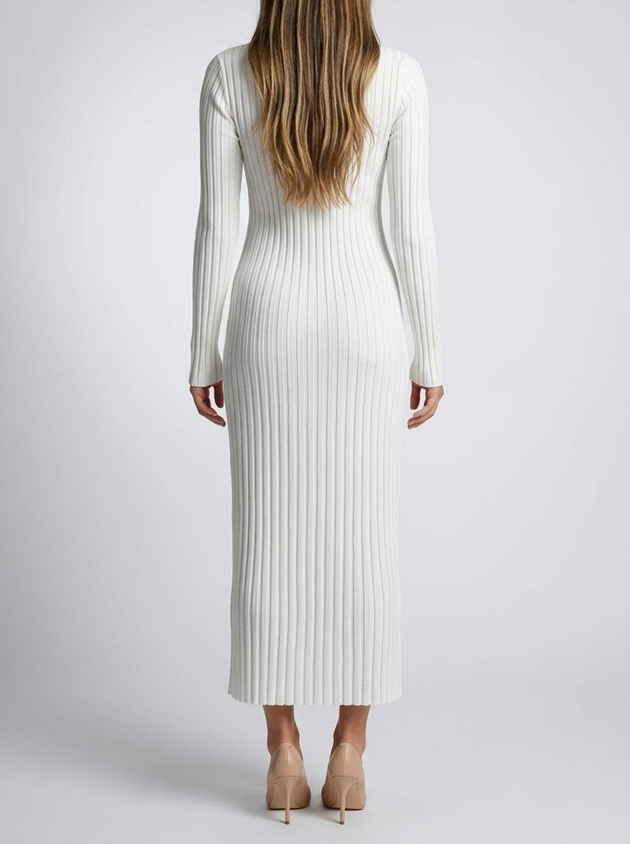 Women's Elegant Ribbed Long Sleeve Wedding Guest Maxi Dress with Round Neck