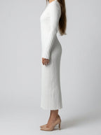 Women's Elegant Ribbed Long Sleeve Wedding Guest Maxi Dress with Round Neck