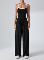Women's Elegant Ruched Wide Leg Jumpsuit with Square Neck