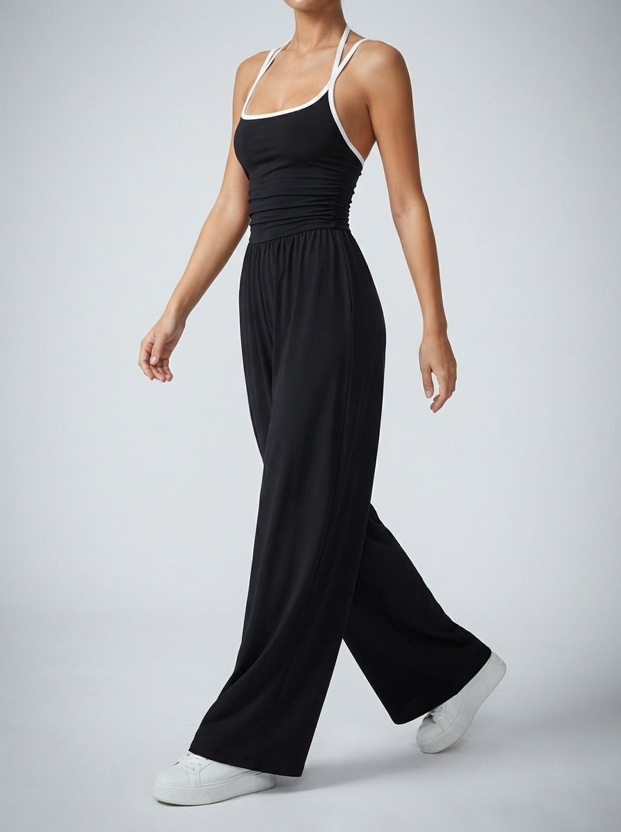 Women's Elegant Ruched Wide Leg Jumpsuit with Square Neck