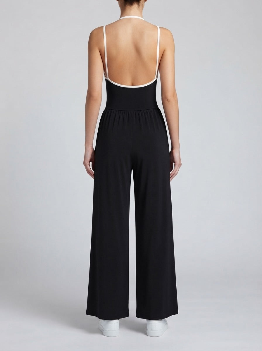 Women's Elegant Ruched Wide Leg Jumpsuit with Square Neck