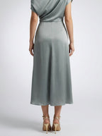 Women's Elegant Satin One-Shoulder Draped A-Line Wedding Guest Midi Dress