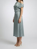 Women's Elegant Satin One-Shoulder Draped A-Line Wedding Guest Midi Dress