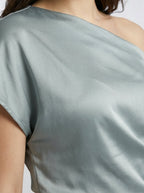 Women's Elegant Satin One-Shoulder Draped A-Line Wedding Guest Midi Dress