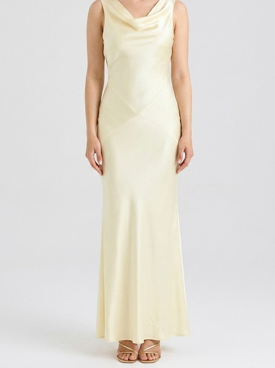 Women's Elegant Satin Slip Wedding Guest Maxi Dress with Cowl Neck