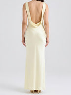 Women's Elegant Satin Slip Wedding Guest Maxi Dress with Cowl Neck