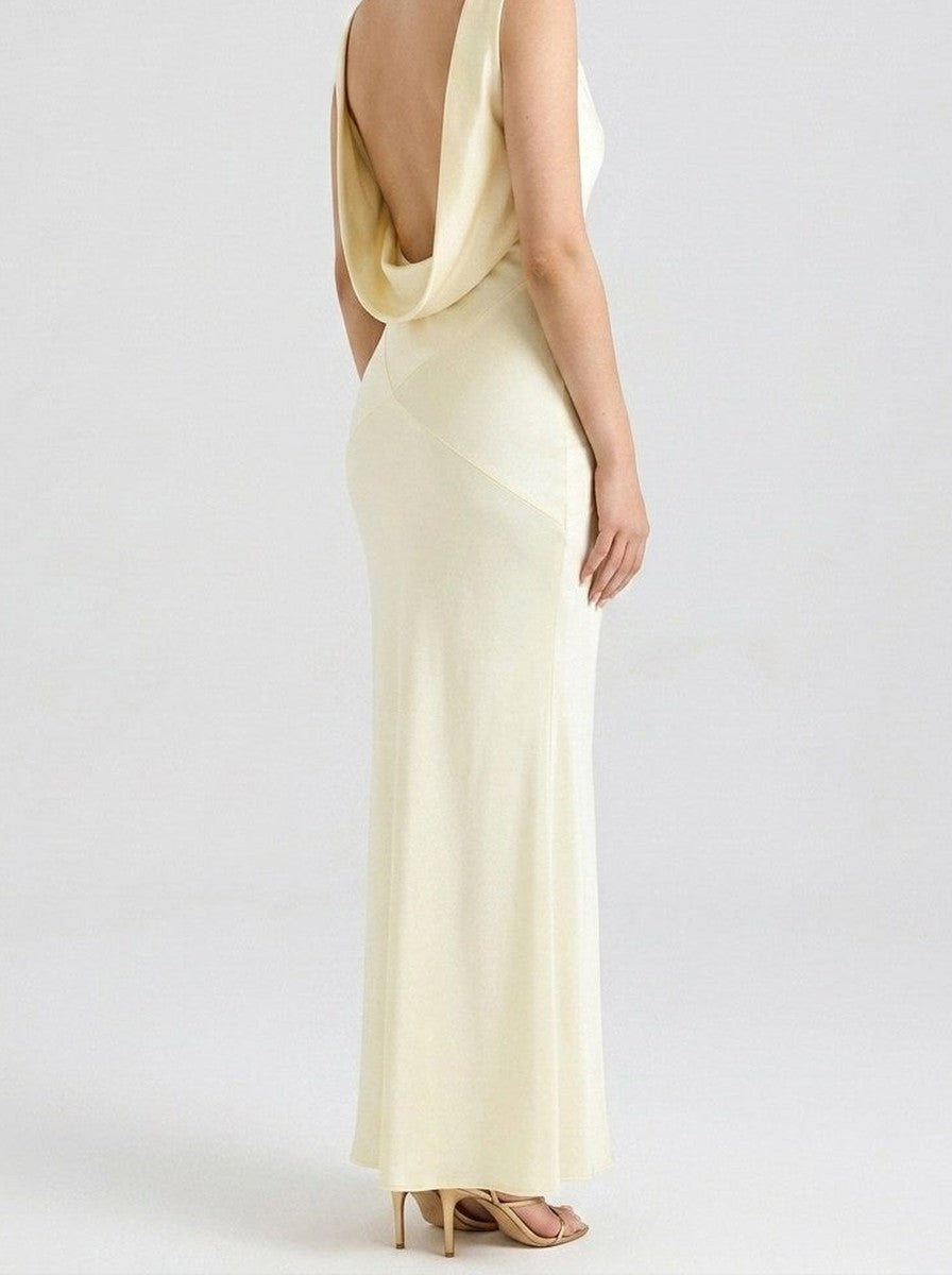 Women's Elegant Satin Slip Wedding Guest Maxi Dress with Cowl Neck