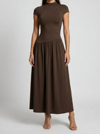 Women's Elegant Short Sleeve Wedding Guest Maxi Dress with Mock Neck