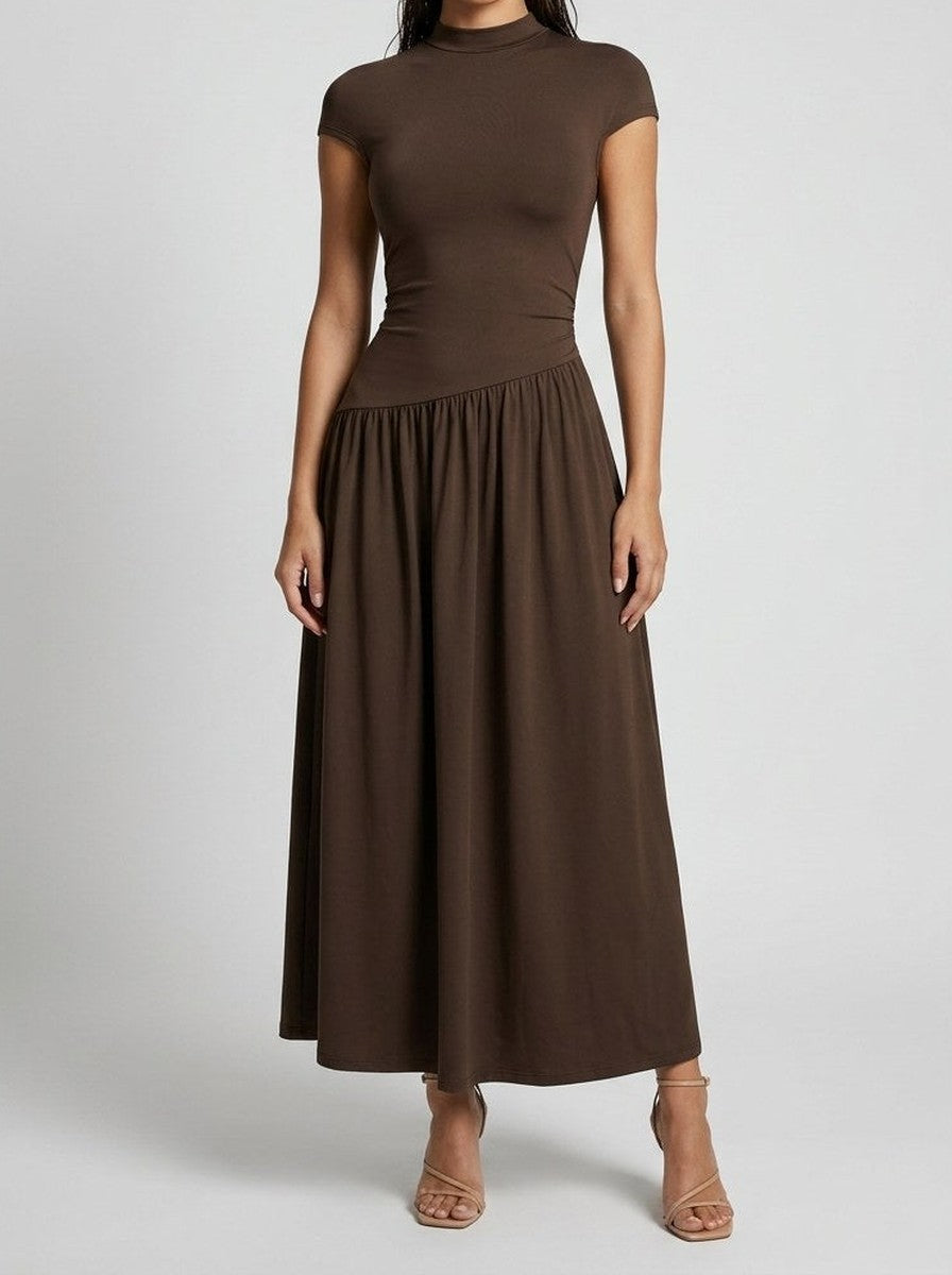 Women's Elegant Short Sleeve Wedding Guest Maxi Dress with Mock Neck