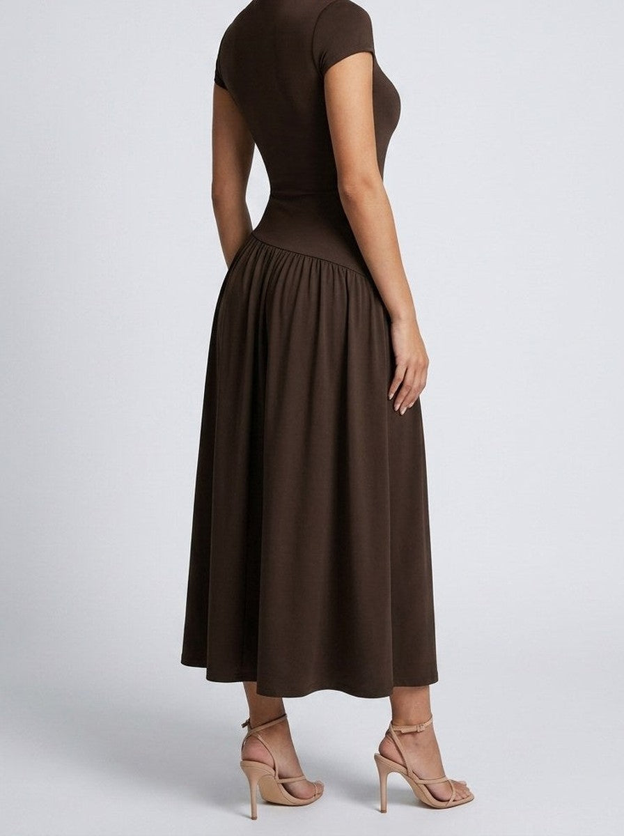 Women's Elegant Short Sleeve Wedding Guest Maxi Dress with Mock Neck