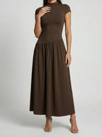 Women's Elegant Short Sleeve Wedding Guest Maxi Dress with Mock Neck