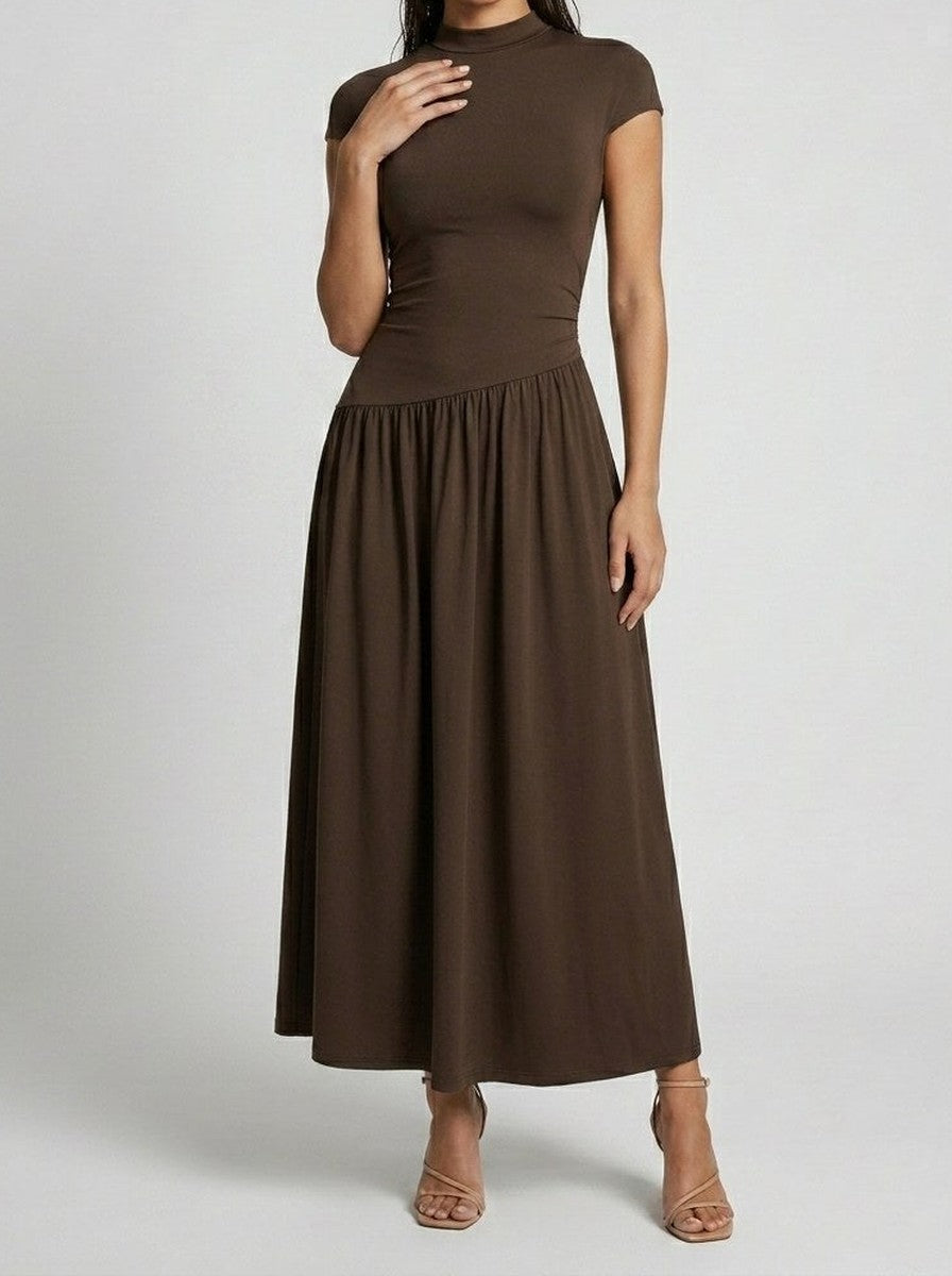 Women's Elegant Short Sleeve Wedding Guest Maxi Dress with Mock Neck