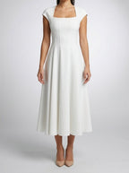 Women's Elegant Square Neck Cap Sleeve A-Line Occasion Midi Dress