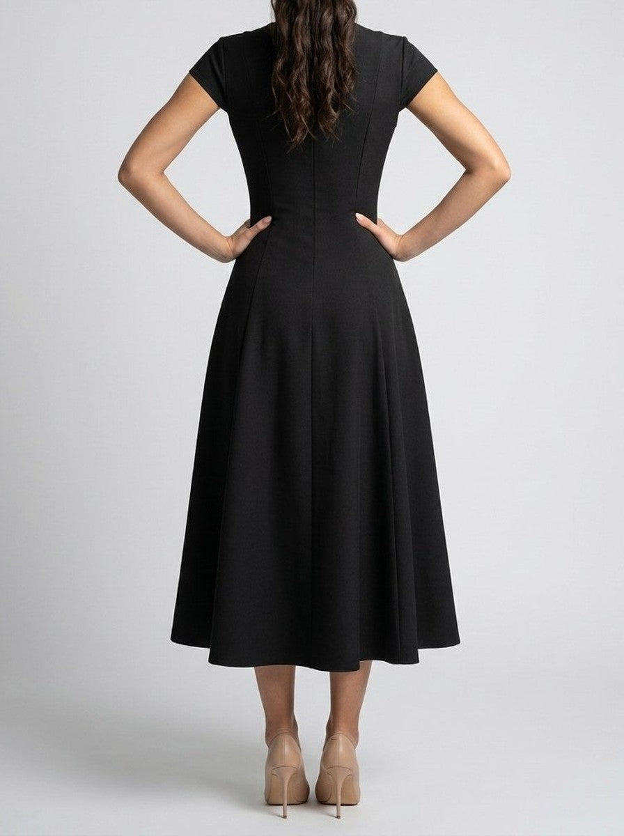 Women's Elegant Square Neck Cap Sleeve A-Line Occasion Midi Dress