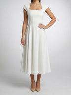 Women's Elegant Square Neck Cap Sleeve A-Line Occasion Midi Dress