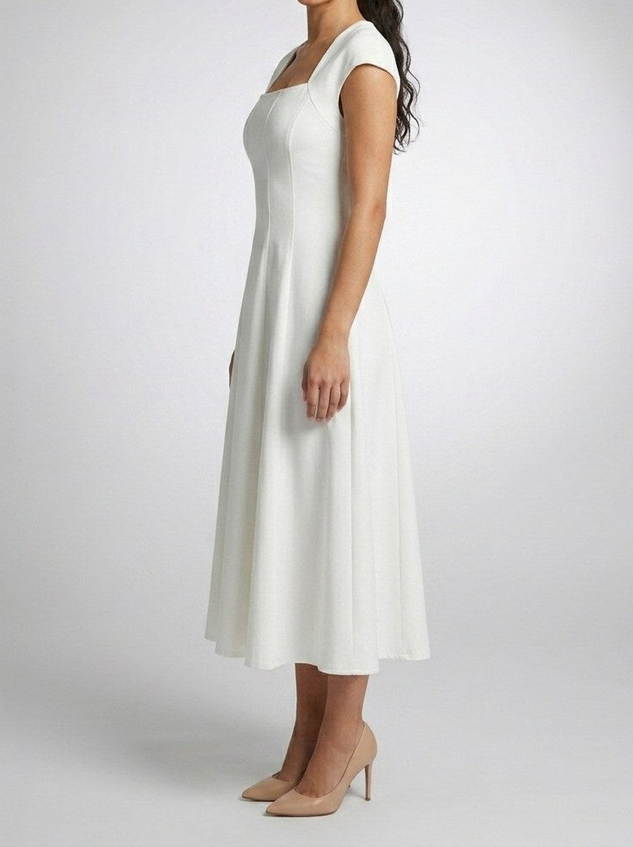 Women's Elegant Square Neck Cap Sleeve A-Line Occasion Midi Dress