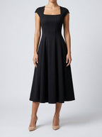 Women's Elegant Square Neck Cap Sleeve A-Line Occasion Midi Dress