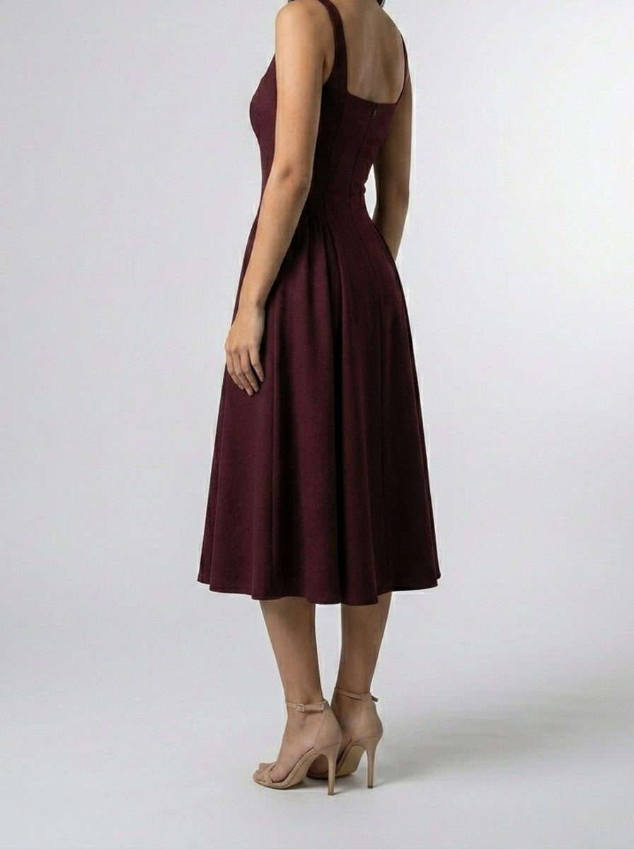 Women's Elegant Square Neck Sleeveless A-Line Occasion Midi Dress