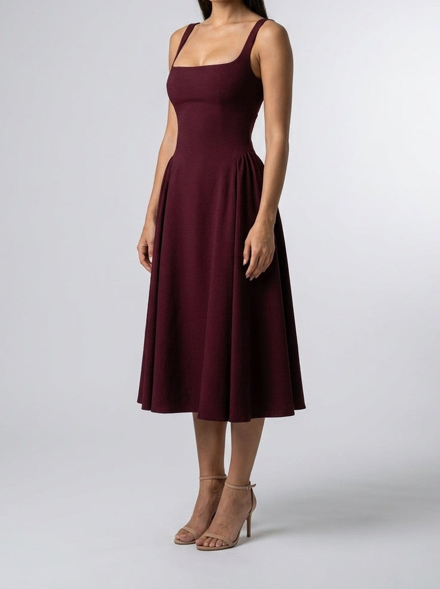 Women's Elegant Square Neck Sleeveless A-Line Occasion Midi Dress