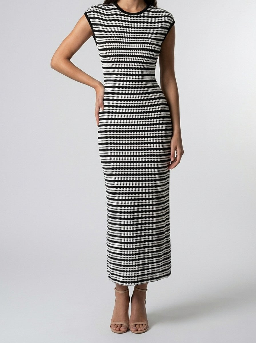 Women's Elegant Striped Bodycon Occasion Maxi Dress with Cap Sleeve