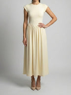 Women's Elegant Wedding Guest Maxi Dress with Cap Sleeve and Round Neck