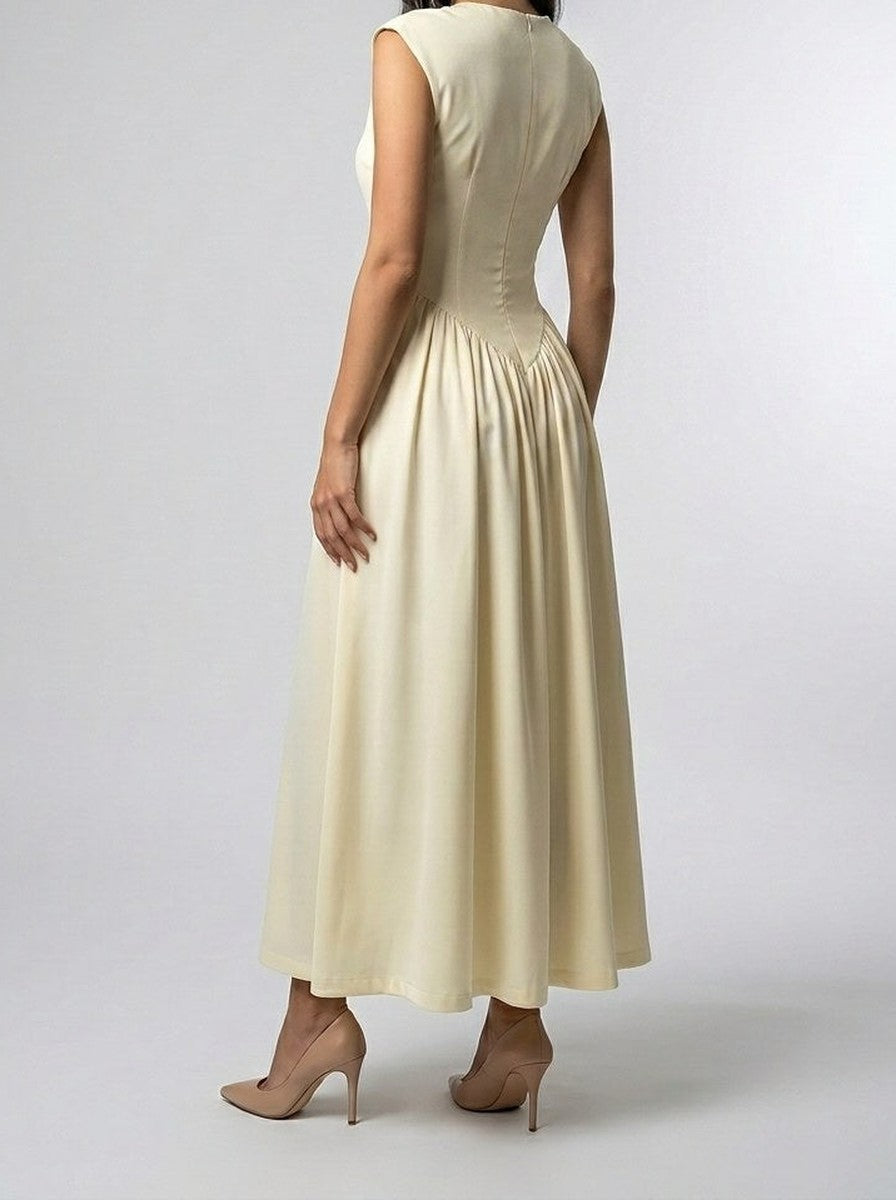 Women's Elegant Wedding Guest Maxi Dress with Cap Sleeve and Round Neck